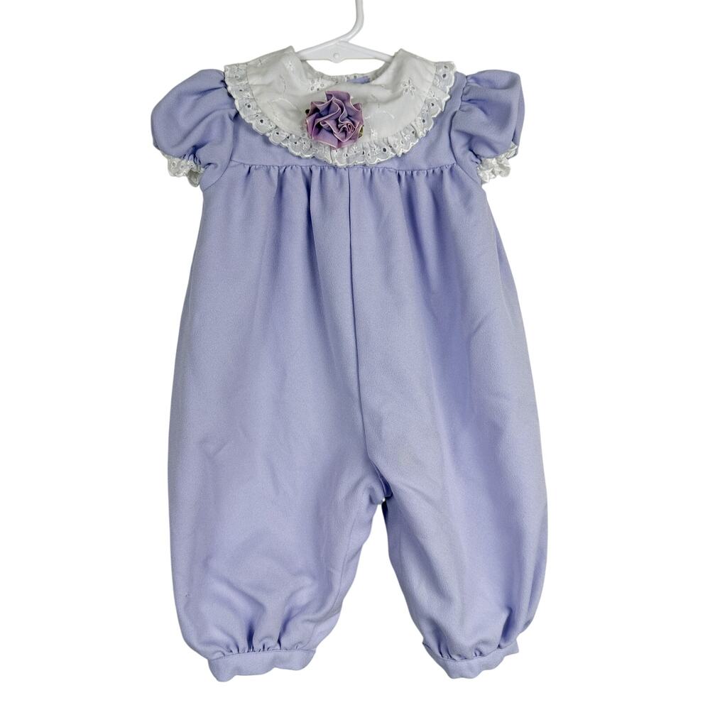 Vtg 90s Rose Cottage Baby Romper Purple Collar Flower - 3-6 Months